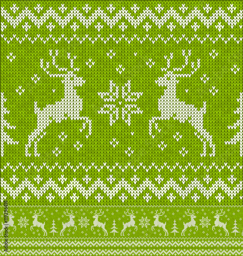 Green Christmas knit with deers seamless pattern