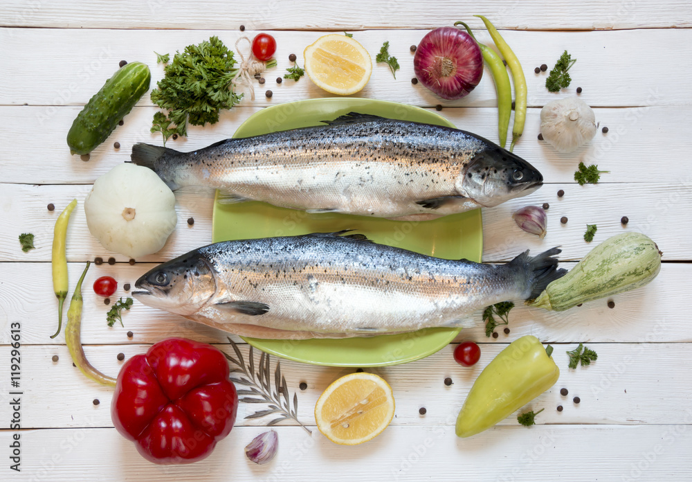 Fresh uncooked fish on green plate with lemon, top view Fresh uncooked fish on green plate with lemon, top view