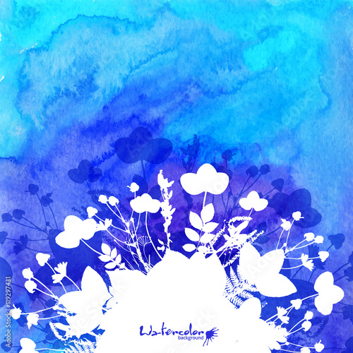 Fototapeta Naklejka Na Ścianę i Meble -  Blue watercolor background with white leaves silhouettes