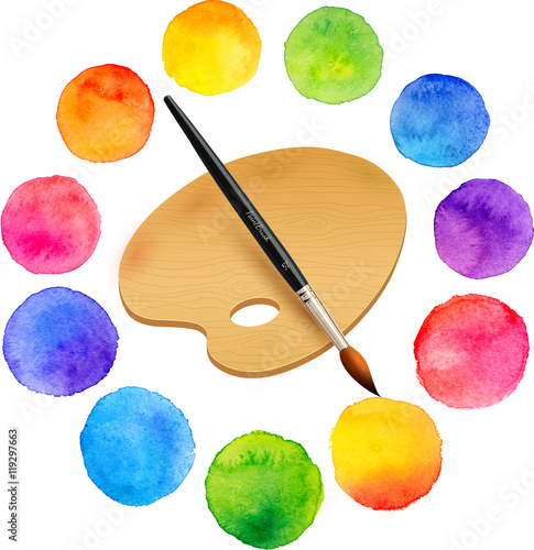 Watercolor painted rainbow colors circles with brush and wooden palette