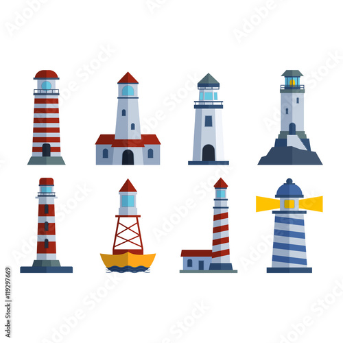Vector set of cartoon flat lighthouses. Searchlight towers for maritime navigation guidance. Ocean beacon light vector tower lighthouse. Travel lighthouse water sailing signal navigation symbol.