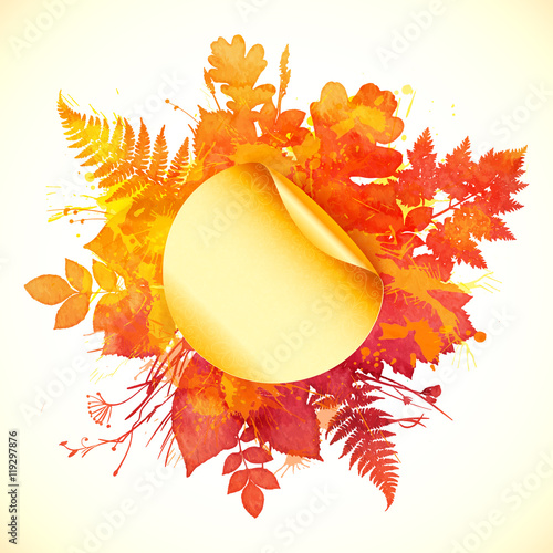 Watercolor painted autumn leaves banner with golden sticker