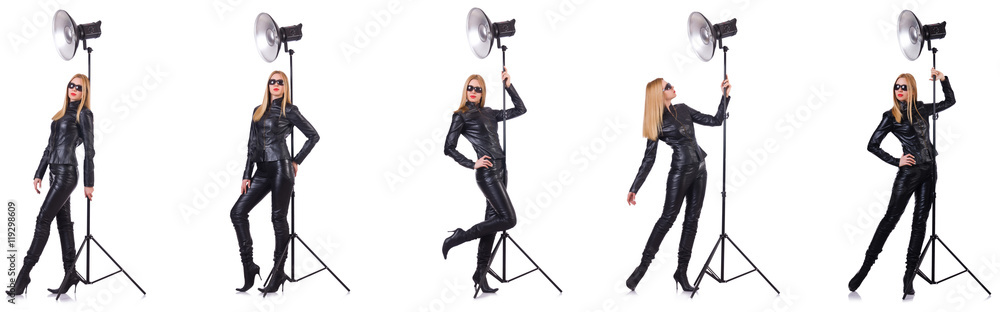 Collage of woman during photo shoot isolated on white Collage of woman during photo shoot isolated on white