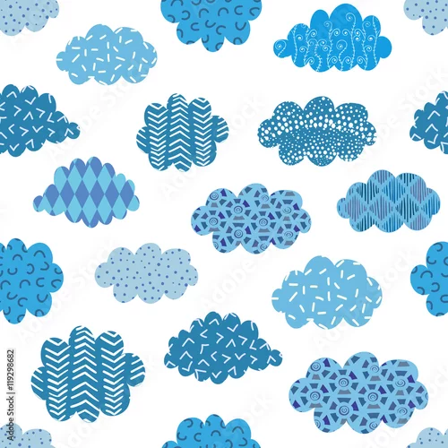 Obraz Doodle niebieskie chmury wzór. Tło z streszczenie wzorzyste chmury na białym tle.