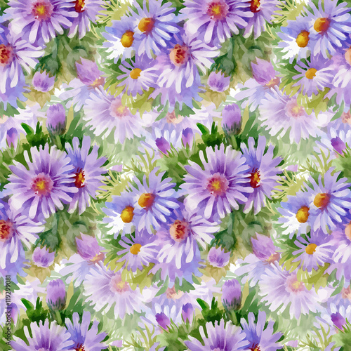 Beautiful Watercolor Summer Garden Blooming Flowers Seamless Pattern.