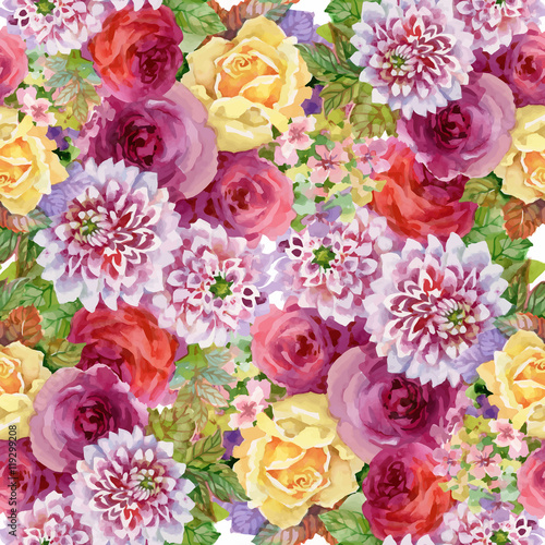 Beautiful Watercolor Summer Garden Blooming Flowers Seamless Pattern. © kostanproff