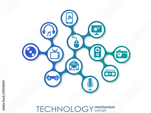 Technology mechanism concept. Abstract background with integrated gears and icons for digital, strategy, internet, network, connect, communicate, social media and global concepts. Vector infographic.