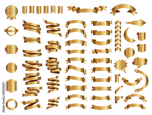 Banner vector icon set gold color on white background. Ribbon isolated shapes illustration of gift and accessory. Christmas sticker and decoration for app and web. Label, badge and borders collection.
