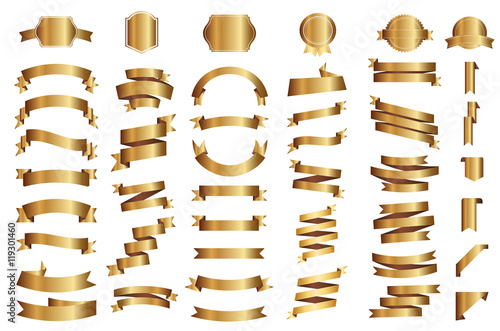 Banner vector icon set gold color on white background. Ribbon isolated shapes illustration of gift and accessory. Christmas sticker and decoration for app and web. Label, badge and borders collection.