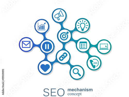 SEO mechanism concept. Abstract background with integrated gears and icons for strategy, digital, internet, network, connect, analytics, social media and global concepts.