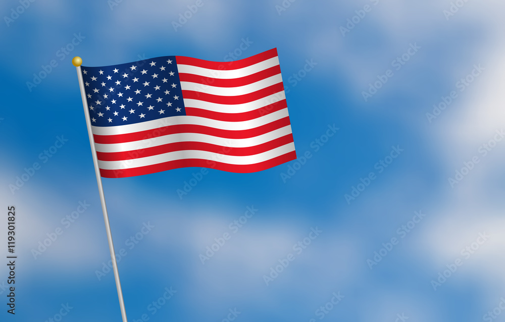United States of America flag on blue sky background with clouds, vector illustration