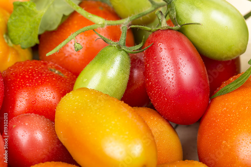 Close-up view of different fresh green and red tomatoes with waterdrops