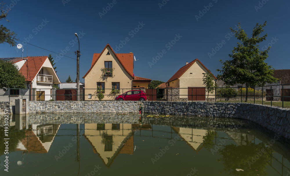 Branisov village with pond and houses