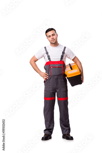 Young man with toolkit toolbox isolated on white © Elnur