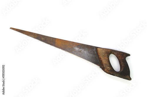 retro rusty hand saw tool isolated on white background