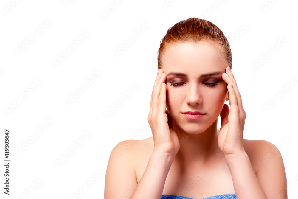 Woman with headache isolated on white