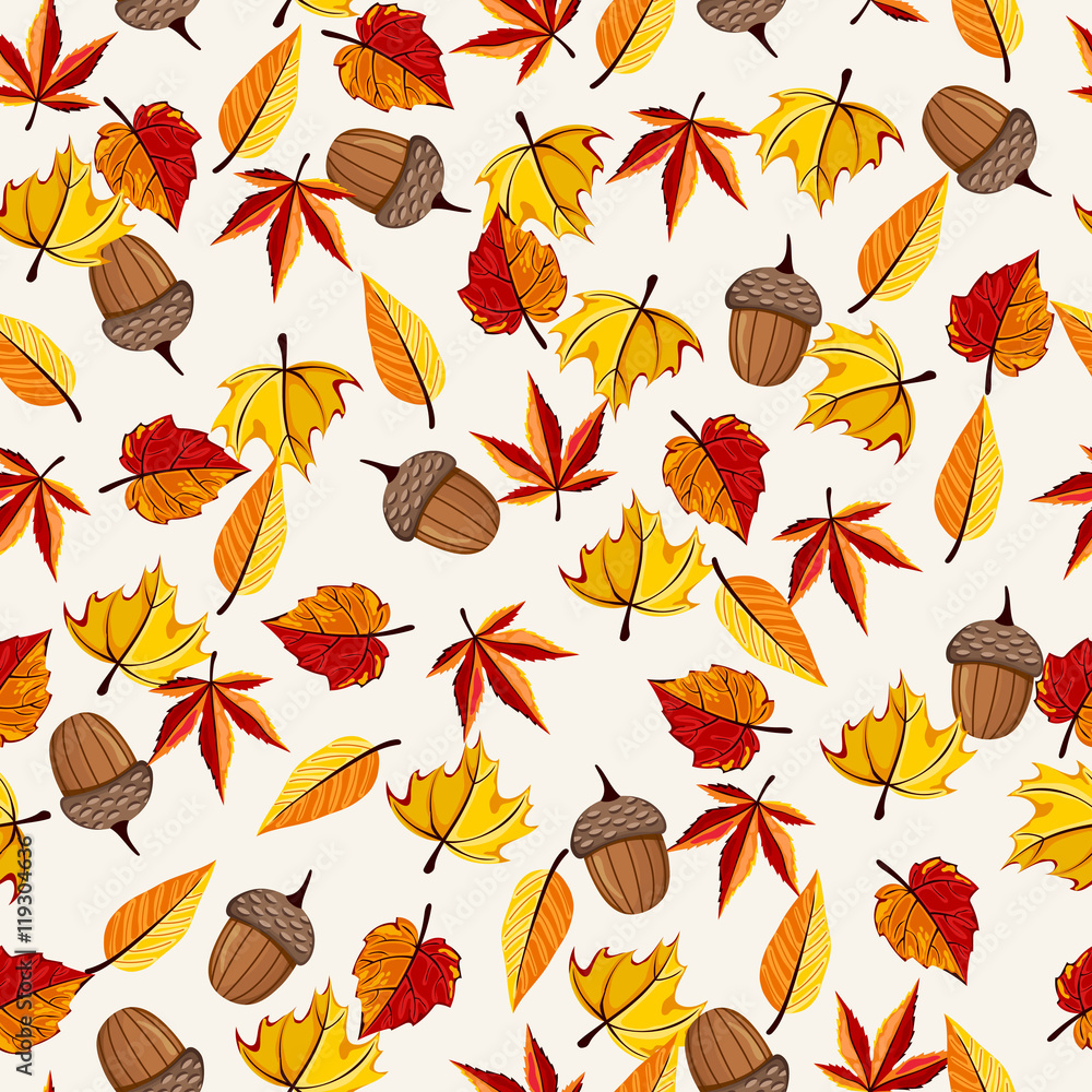 Fototapeta premium Autumn vector seamless pattern. Hand draw autumn leaves background.