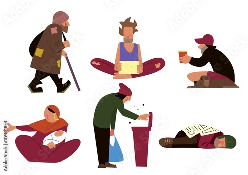 Homeless people, tramps, beggars and panhandlers characters isolated on white background vector illustration
