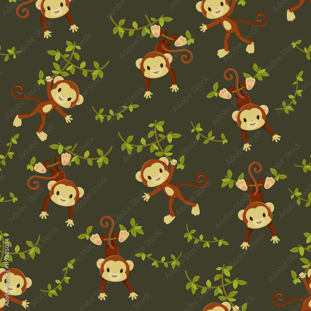 Naklejka premium Seamless wallpaper. Monkeys hanging on the liana