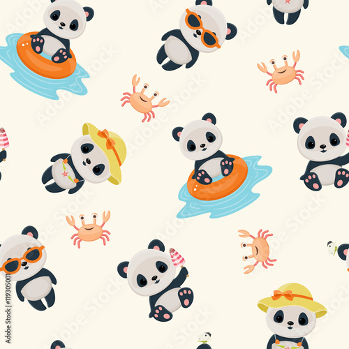 Fototapeta Naklejka Na Ścianę i Meble -  Panda in summer seamless pattern
