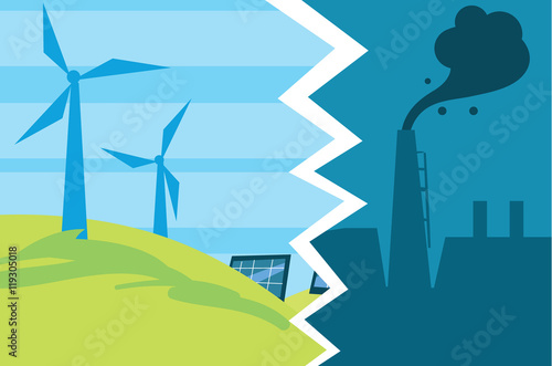 Vector illustration of evolution from industrial pollution to clean energy. Greening of the world banner. Traditional and alternative natural electricity resources. Development green technology