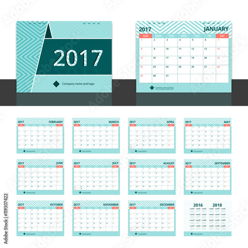 Desk calendar 2017 for corporate business planner (small number). Set include 12 months, front cover, back cover (2016 and 2018) on green aqua chevron stripe abstract background. Week start on Sunday.