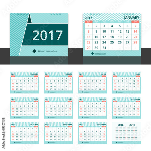 Desk calendar 2017 for corporate business. Set include 12 months, front cover, back cover (2016 and 2018) on green aqua chevron stripe abstract background. Week start on Sunday.