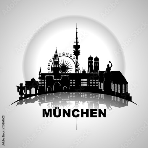 München Wandtatoo Silhouette Sehenswürdigkeiten - Liebfrauenkirche Stachus Bavaria Fernsehturm Riesenrad Oktoberfest - Skyline Vektor Grafik rund mit Sonne