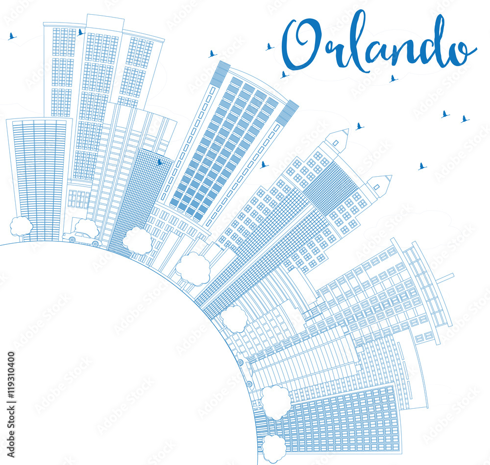 Outline Orlando Skyline with Blue Buildings and Copy Space.