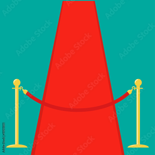 Red carpet Rope barrier golden stanchions turnstile Isolated template Green background. Flat design