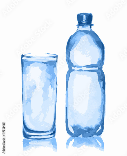 Watercolor water bottle and glass. Fresh healthy beverage. White background. Full glass of water.