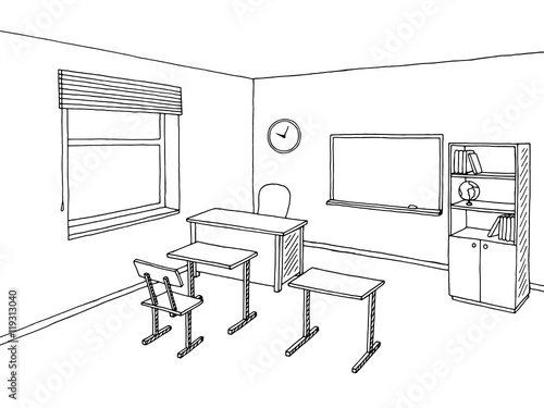 School classroom black white graphic art interior sketch illustration vector