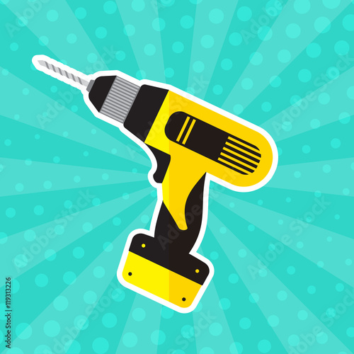 Electric drill for home renovation in style cartoon on blue background. Stock vector. Flat design.