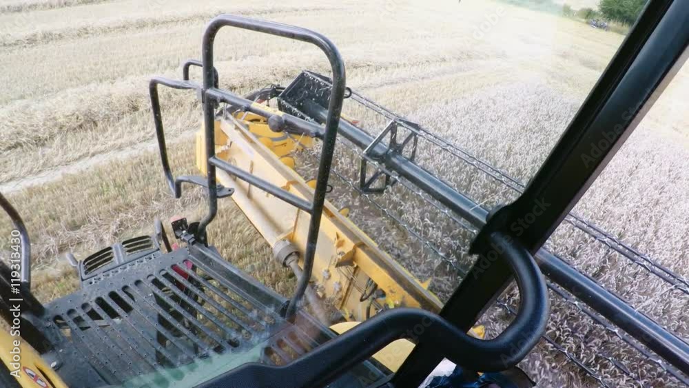 Farmer yellov combine harvester on field. Harvesting mowing ripe wheat in sunny summer weather. Poin if view from Harvester cabin. Farmer yellov combine harvester on field. Harvesting mowing ripe wheat in sunny summer weather. Poin if view from Harvester cabin.