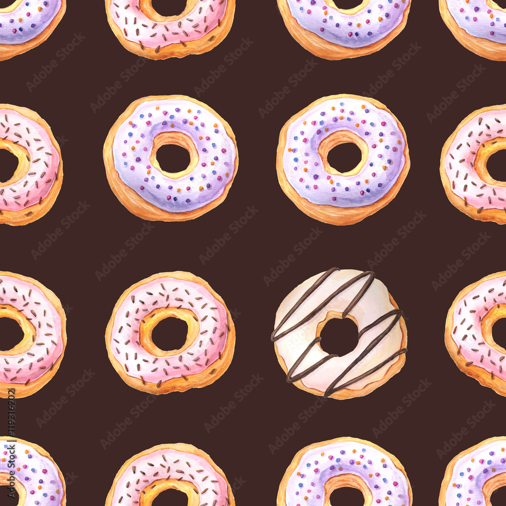 Seamless pattern with watercolor glazed donuts Seamless pattern with watercolor glazed donuts