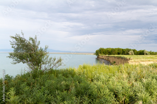 Lake in the desert in the foothills of Kazakhstan in the rain