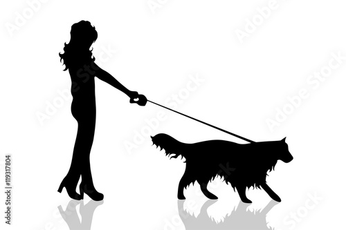 Vector silhouette of woman with dog.