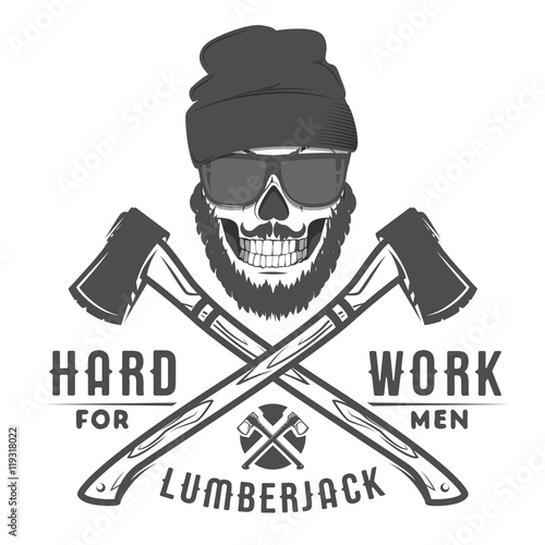 Print for t shirt and tattoo lumberjack skull vinage style.
