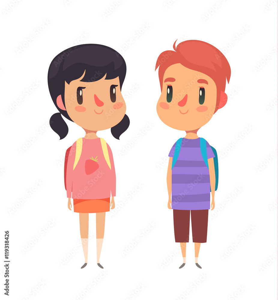 Elementary school pupils. Boy and girl. Vector character.