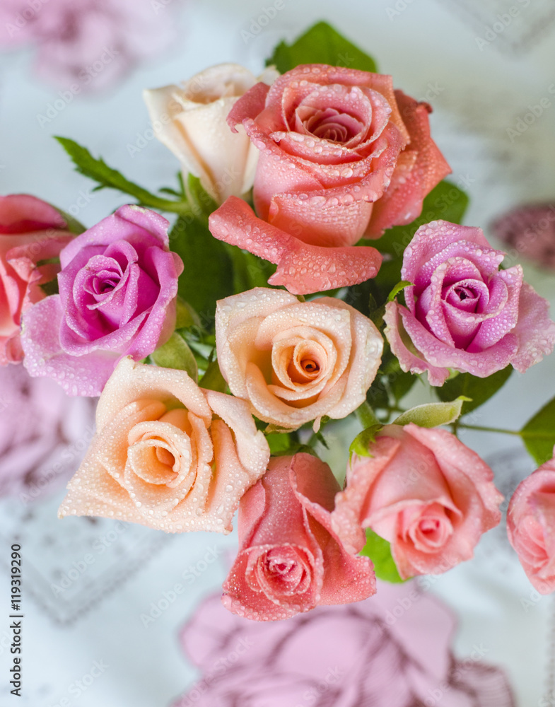 Floral background. Bouquet of multicolored roses.