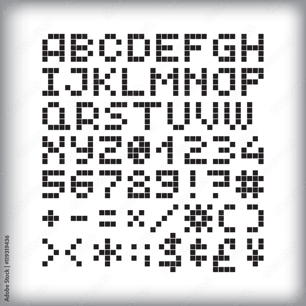 Pixel font in 4x5 pixel grid, numbers and letters. - Stock vector Pixel font in 4x5 pixel grid, numbers and letters. - Stock vector