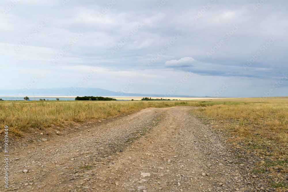 road through the steppe to the lake Alakol