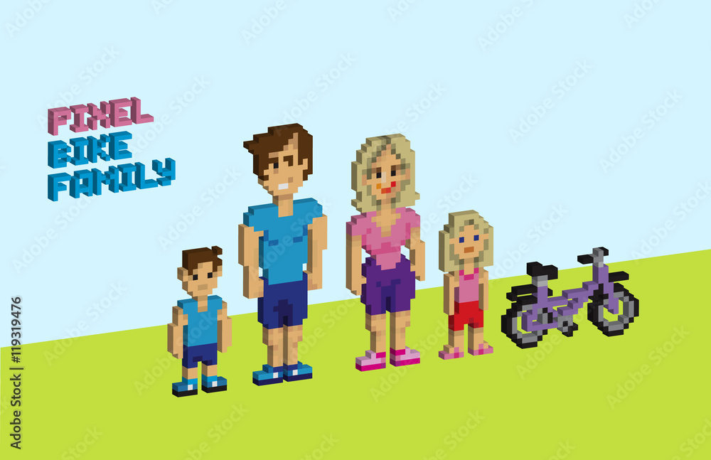 3d Pixel bike family, pixelated illustration. - Stock vector