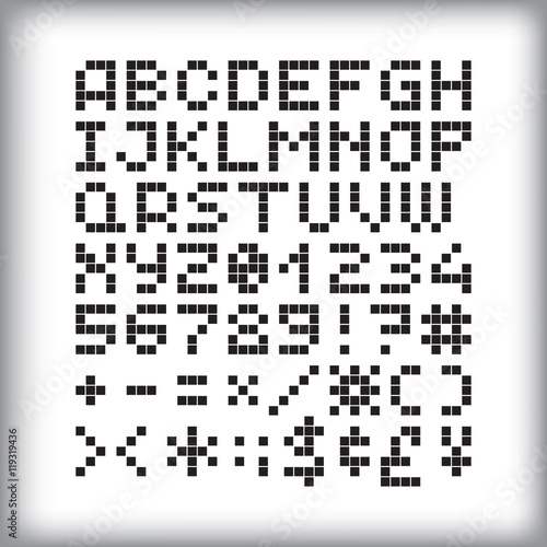 Pixel font in 4x5 pixel grid, numbers and letters. - Stock vector