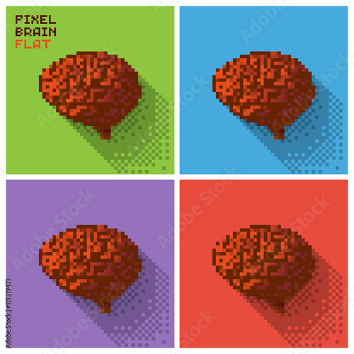 Set of pixel human brain in a flat design, pixelated illustration. - Stock vector