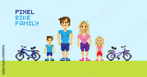 Pixel bike family, pixelated illustration. - Stock vector