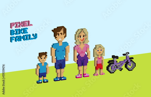 3d Pixel bike family, pixelated illustration. - Stock vector