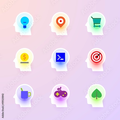 Modern vector flat icons collection of idea, maps, shopping, bank, programming, targeting, break, game, ecology at icon of human head brain. Backlit icons pure style