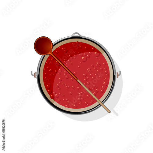 Goulash or stew cooking in a metal cauldron. Wooden spoon lying over stew cooking. Vector illustration of a traditional dish of Turkish or Hungarian cuisine