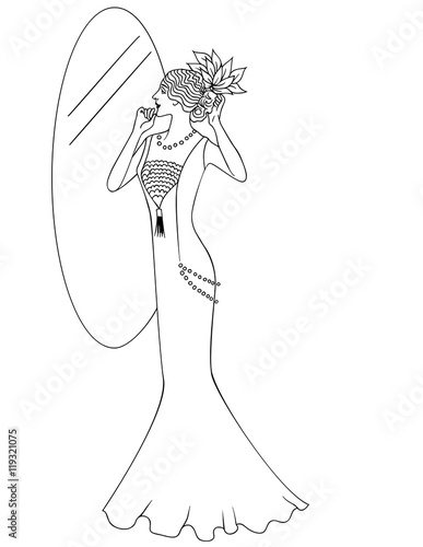 Beautiful retro style woman. Vector illustration. Copy space. Vintage girl looks in the mirror. Adult anti-stress coloring